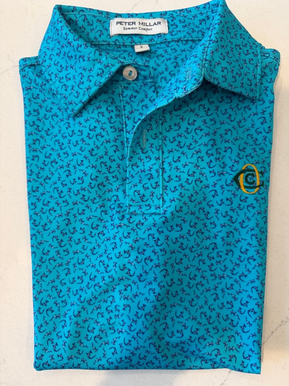 Peter Millar Turquoise Polo with Navy Anchor Motif